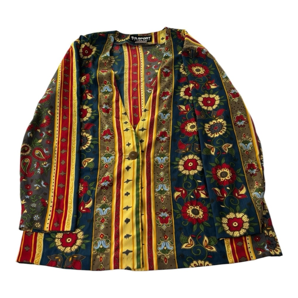 SG Sport Women's Multicolor Floral Stripe Open Front Blazer Jacket Size Large